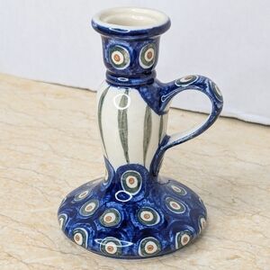 Vintage Polish Pottery Peacock Blue Pattern Chamberstick Candle Holder Signed